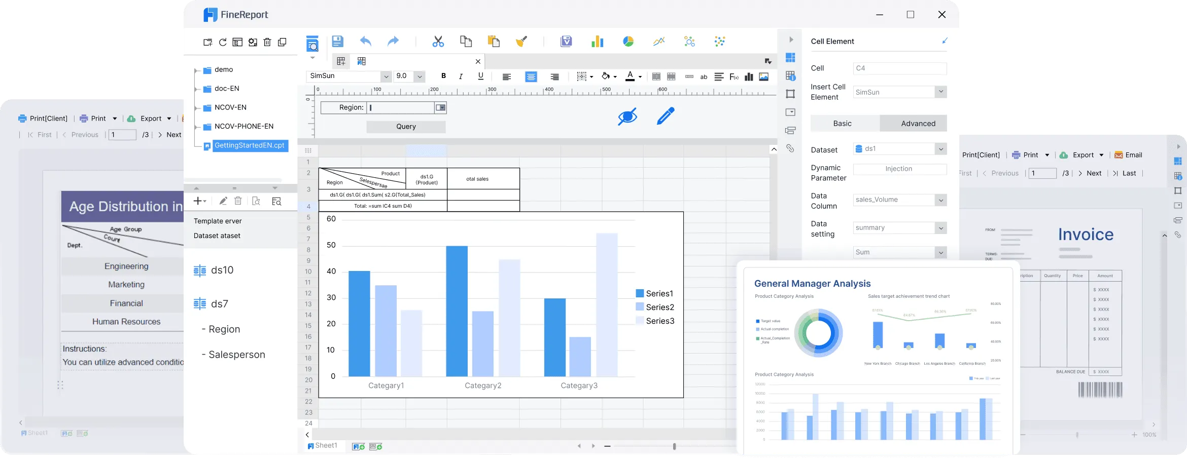 FineReport report designer and dashboard previews