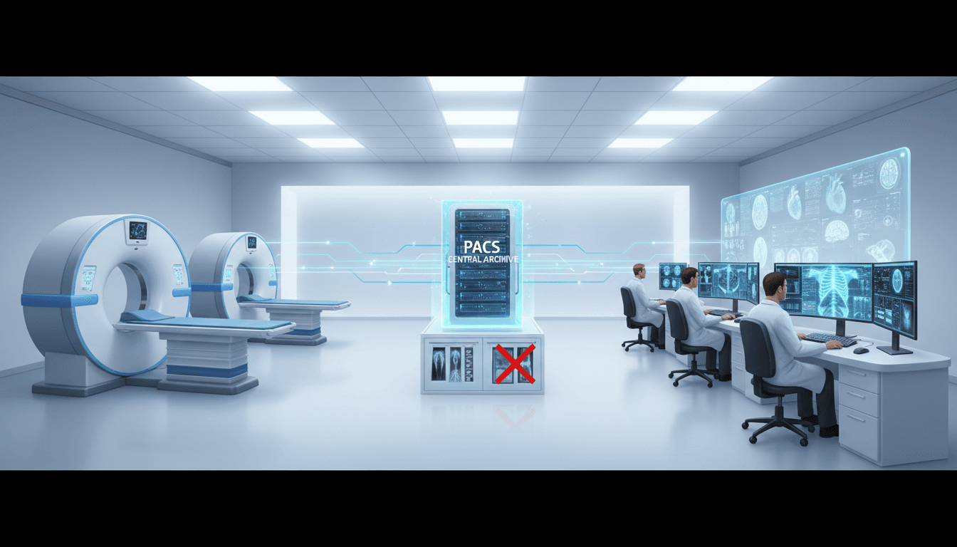 PACS 개념을 보여주는 의료영상 디지털 흐름 일러스트