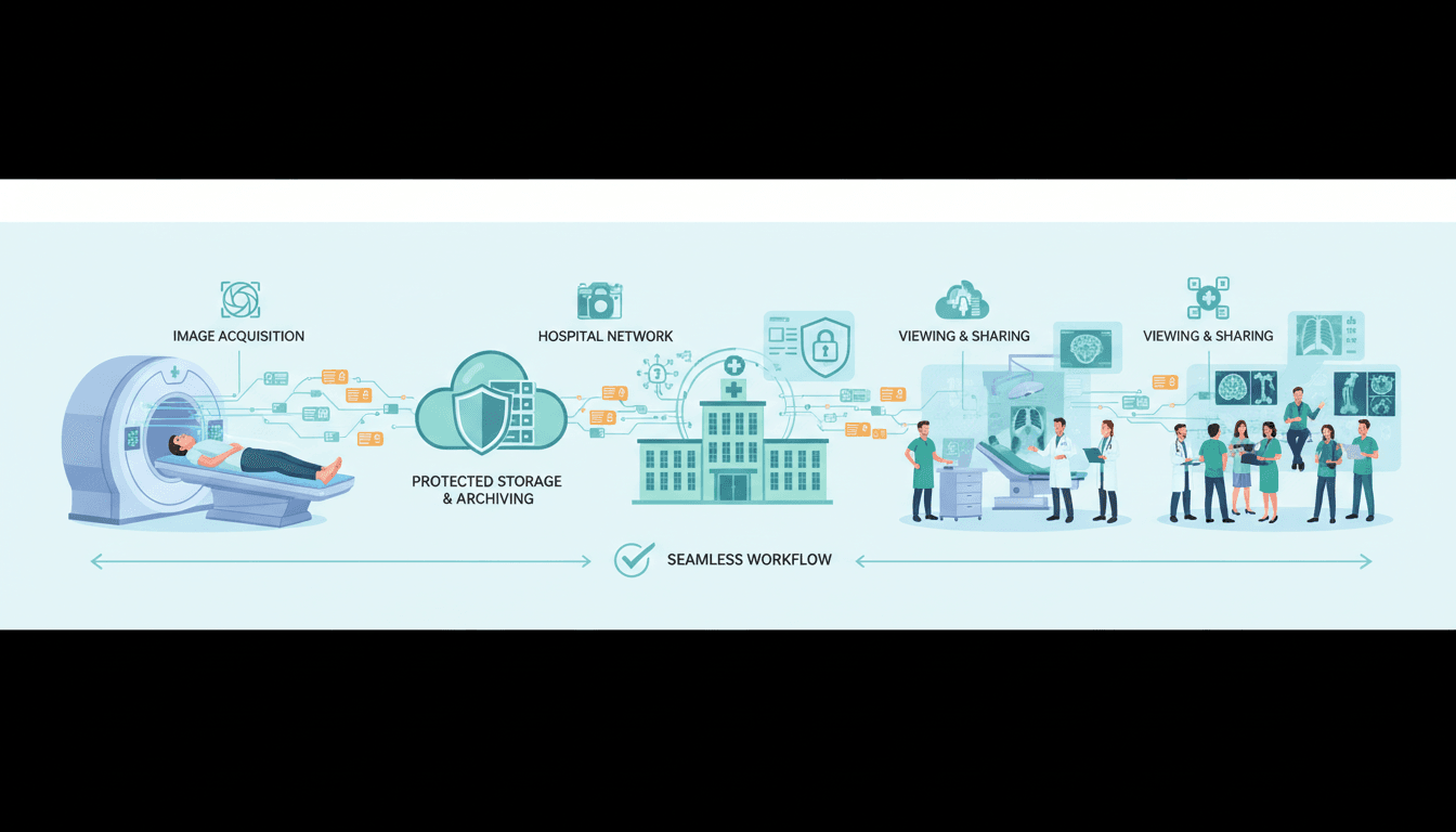 병원 부서 간 PACS 영상 전송과 공유 구조 다이어그램